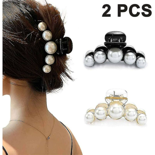 2 Pcs Large Pearl Hair Claw Clips Set Hair Catch Barrette Jaw Clamp - Plemdea