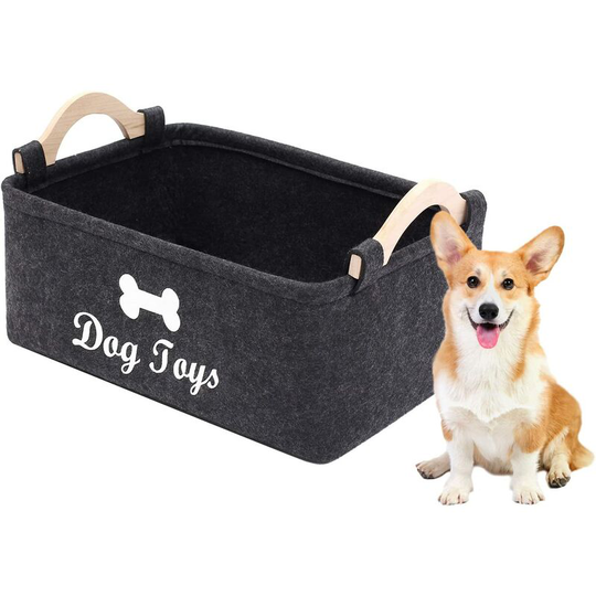 Dog Toy Storage Basket, with Wooden Handle, for Pet Supplies, Storage Box for Dog Toys, Clothes and Accessories -Dark Gray