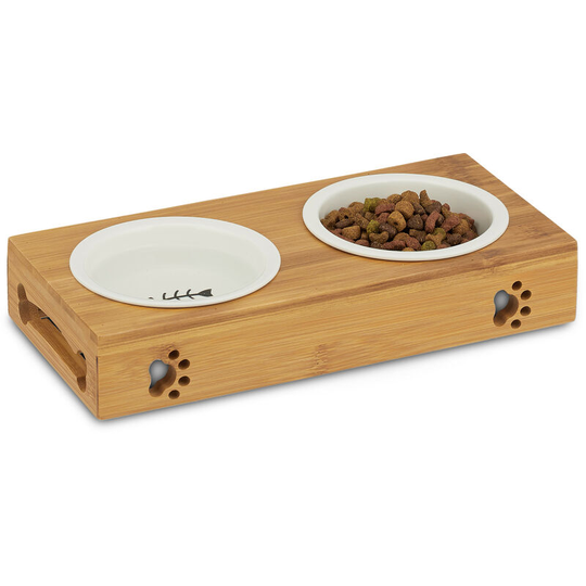 Relaxdays - Bamboo Dog Feeding Station, 2 Ceramic Bowls, Water & Food, Dishwasher-Safe, Cats, Various Sets, Natural