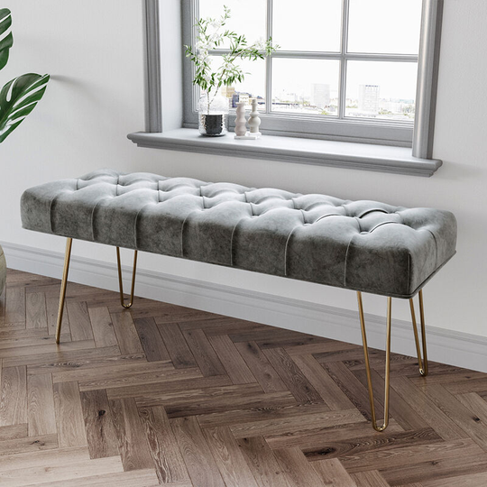 Velvet Buttoned Ottoman Footstool Gold Chrome Legs, Grey - Livingandhome