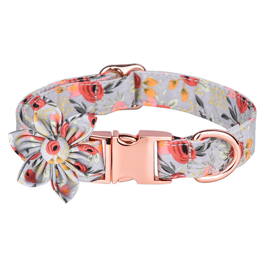 Litzee - Floral Dog Cat Collar Bowtie,Removeable Flower Bow Soft Cotton Adjustable Pet Collars Rose Gold Metal Buckle for Dogs Cat (s gray flower