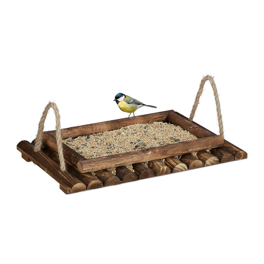 Wooden Bird Feeder Tray, Feeding Table, HxWxD 5.5x37x25 cm, Hanging or Free-Standing, Garden & Patio, Brown - Relaxdays