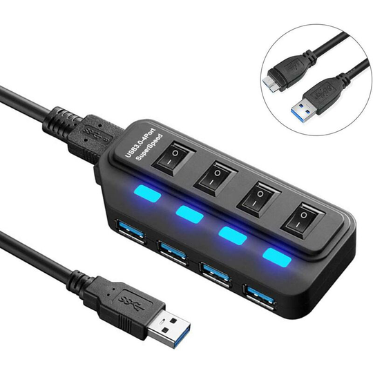Soekavia - usb Hub 3.0, 4 SuperSpeed Data Hub Ports and 1 Smart Charging Port, with Independent On / Off Switch Switch led Indicator 1M Cable for