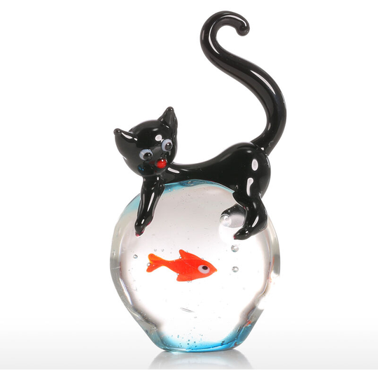 Superseller - Tooarts Cat and Goldfish Gift Glass Ornament Animal Figurine Handblown Home Decor Black & Red