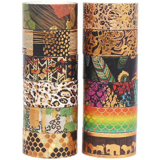 12 Rolls Washi Tape Set Gold Foil Wilderness Style Animal Washi Masking Tapes Decorative Adhesive Tape Label Sticker 15mm Wide