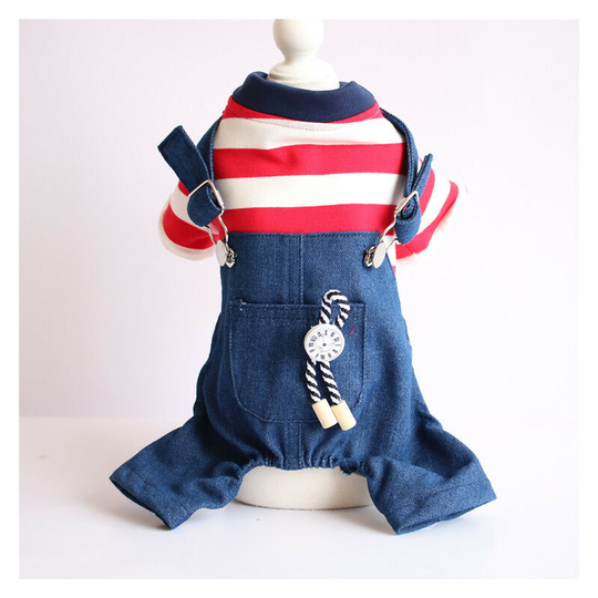 Red striped four-legged denim jumpsuit red striped clock single layer (m) code cool boys and girls jacket puppy clothes, clothes m size suitable for
