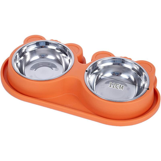 Perle Rare - Double Bowl for Small Cat and Dog, Stainless Steel Non-Slip Non-Spill Bowl for Food and Water (S-33x16.5cm, Orange)