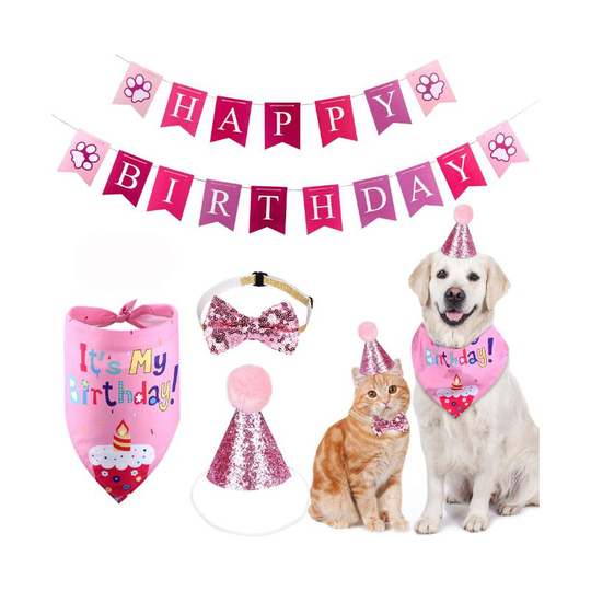 Pet Cat Dog Birthday Bandana Set with Triangle Scarves Hat Bow Tie Banner for Dog or Cat Birthday Party Decor