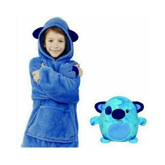 (Blue) Kids Blanket Hoodie Fleece Hooded Sweatshirt Oversized Pets Plush Soft Warm Coat Cartoon Pillow
