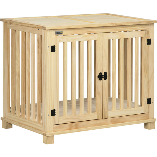 Wooden Dog Crate End Table w/ Soft Washable Cushion, for Medium Dogs - Natural wood finish - Pawhut