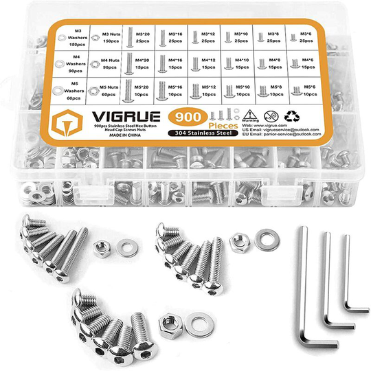Monly - 900PCS M3 M4 M5 304 Stainless Steel Hex Head Button Socket Head Cable Bolts Screws with Nuts Assortment