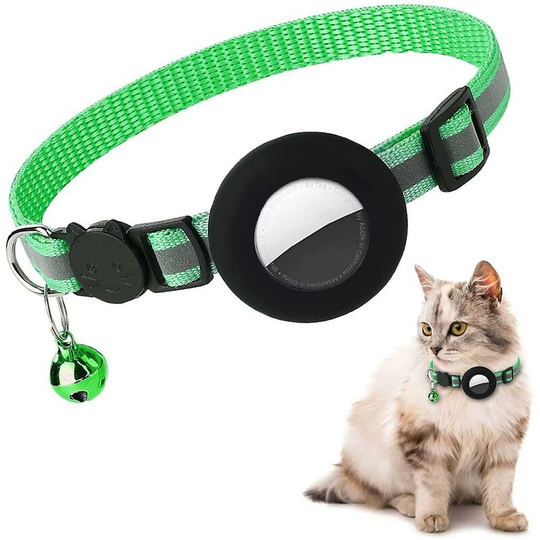 Deckon - Airtag Cat Collar, Reflective Airtag Cat Collar with Bell and Airtag Silicone Waterproof Holder Green-Black