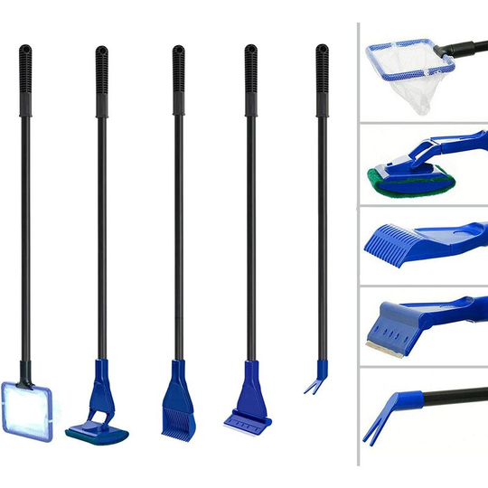 Dksfjkl - Aquarium Cleaning Kit, 5 in 1 Aquarium Accessories Cleaning Tool with Fish Net, Gravel Rake, Cleaning Sponge, Algae Scraper, Plant Fork