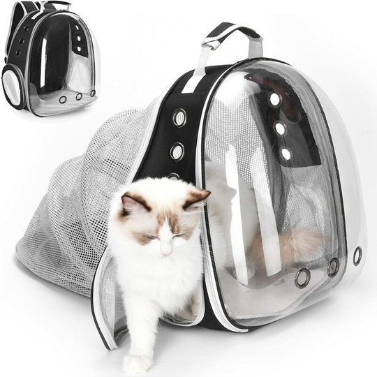 Backpack for dogs and cats. Transport bag for small dogs and cats with transparent front window and expandable back, ideal for travel.