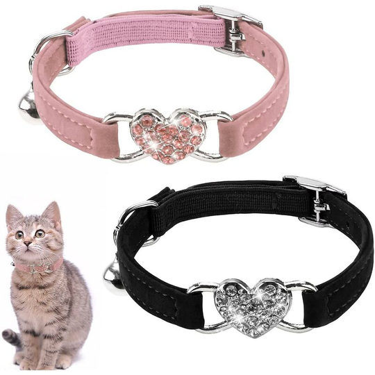 2 Pcs Safety Release Lovely Cat Collar,safety Collar Adjustable Crystal Heart Pendant Cute Pet Supplies For Small Animal Black+pink,,THSINDE
