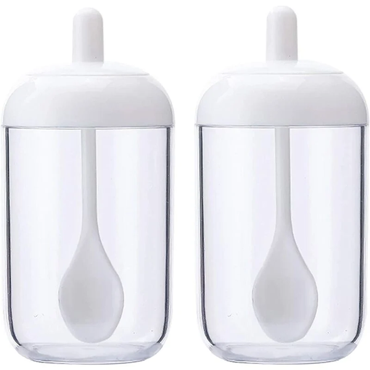 2 spice jars, transparent white spice rack, spice box with spoon lid, plastic spice jars, spice / herb storage for kitchen, dining table, 13x6,5 cm