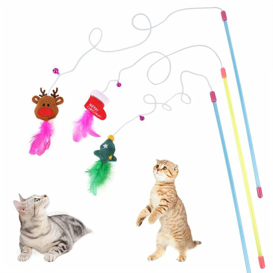 Christmas Cat Stick Plush Cat Stick Cat Feather Bell Christmas Cat Toy 5.5 * 31cm