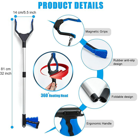 Litzee - Scavenger Tools, 81cm Folding Extension Clamp with Magnetic Tips, Lightweight Aluminum Handicapped Aid Tool with Rotating Rubber Clamp, Long