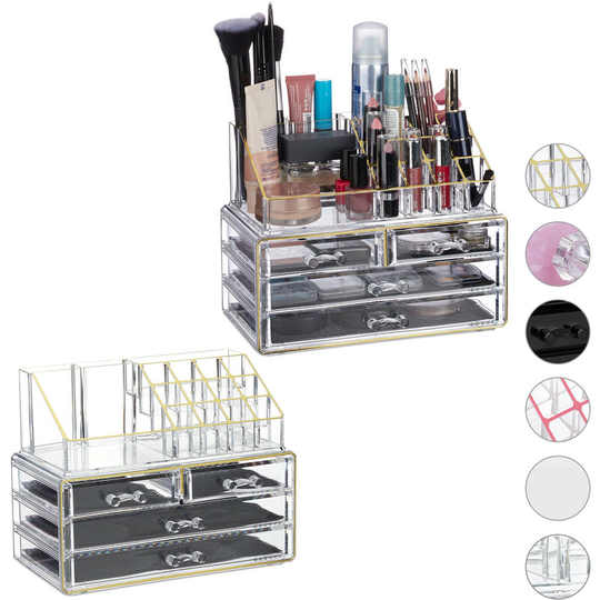 Set of 2 Relaxdays Makeup Organizers with 4 Drawers, Cosmetics Holder for Nail Polish and Lipstick, Kit, Golden-Stripes