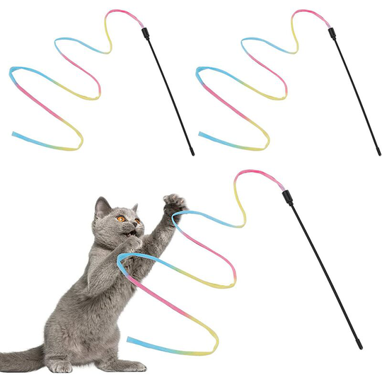 Cat Toy Rainbow Wand, 3 Pcs Kitten Rainbow Ribbon Wand, Rainbow Magic Cat Wand Interactive Catcher Wand (Pole Length 30cm, Strap Length 60cm) Toy for