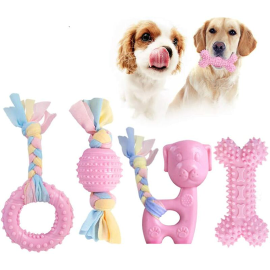 Betterlifegb - Puppy Chew Toys, 4pcs Dog Teething Chewing Toy Set with Ball and Cotton Ropes, Aggressive Chew Toys, Interactive Pet Toys Gift Pink