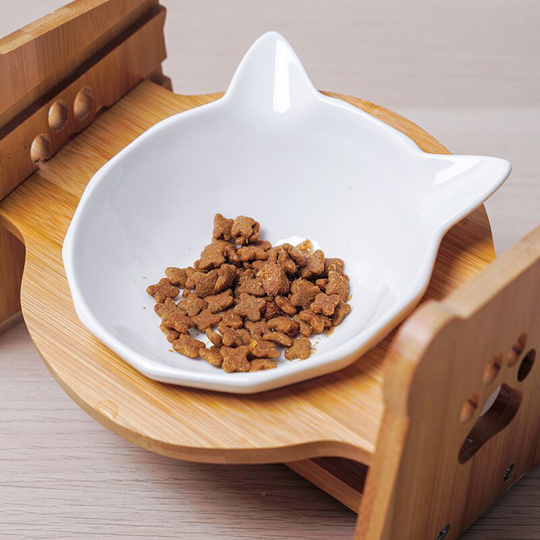 Deckon - Raised Bowl for Cat and Dogs Height Raised Bowl Holder Double Ceramic Bowls Wooden Legs Single Bowl Cat Ear + Bamboo Wood Frame - Pure White