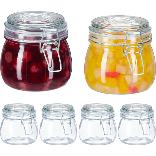 Relaxdays Glass Preserving Jars, Set of 6, 500 ml, with Clip Top, For Pickling, Canning & Storage, Transparent