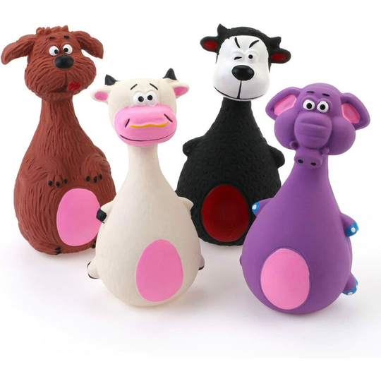 Bearsu - 4pcs 13cm Squeaky Toys for Dogs Latex Large Belly Animal Family Toy Interactive Play for Small and Medium-sized Dogs Assorted Color