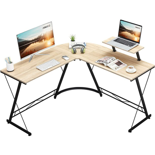 Corner Desk l Shaped Desk Computer Desk for Home Office Workstation with Monitor Stand, 128.5 * 128.5 * 75 cm Beige