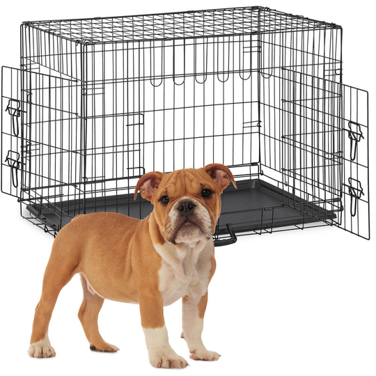 Foldable Dog Crate, Travelling with Pets or for Indoors, Plastic Tray, 2 Doors, hwd 65.5 x 89 x 56.5 cm, Metal - Relaxdays