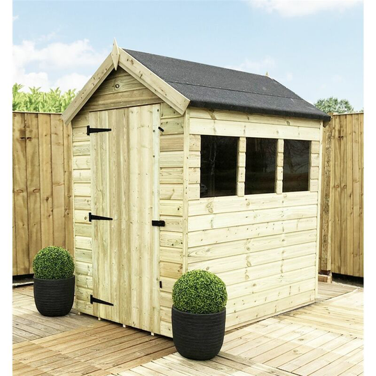 6 x 6 Premier Pressure Treated Tongue And Groove Apex Shed With Higher Eaves And Ridge Height 3 Windows + Single Door + Safety Toughened Glass