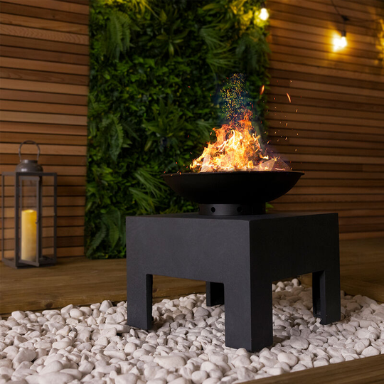 Fire Pit with Metal Fire Bowl and Square Concrete base - Black - Charles Bentley