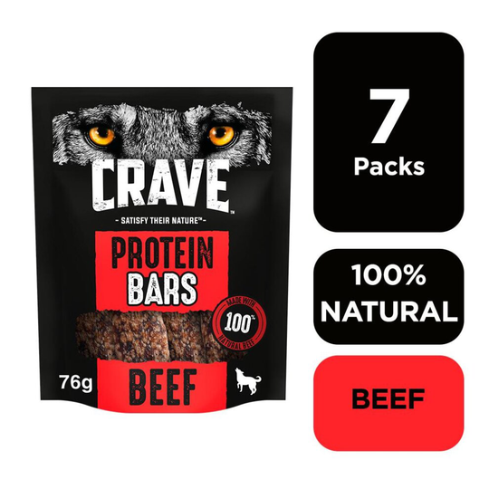 7 x 76g Crave Natural Grain Free Protein Bars Adult Dog Treats with Natural Beef