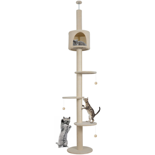 Puluomis - Floor to Ceiling Cat Tree, 4-Tier Cat Tower, 220-260cm Height Adjustable, Climbing Activity Center, with Scratching Post, Cozy Condo,