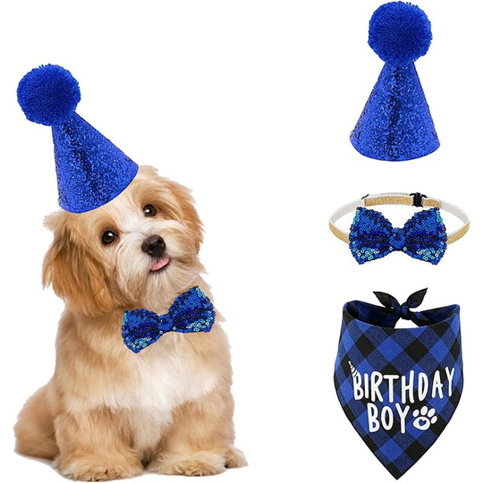 3 Pieces Pet Cat Dog Birthday Hat, Birthday Cat Birthday Dog Hat Bandana Bow Tie Sequins Pets Birthday Party Decor