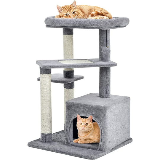 Gymax - Indoor Plush Cat Tree, 4-Tier Cat Tower Condo with Flock, Hanging Toy, Scratching Sisal Posts and Cozy Perch, Cat Climbing Activity Center