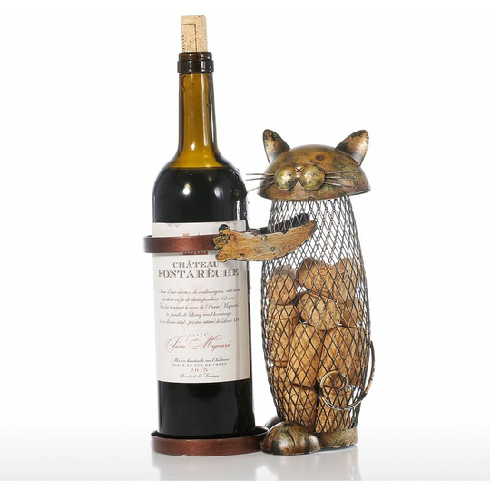 Cat Wine holder Cork Container Home Decor Iron Craft Gift Handicraft Animal Ornament,model:Brown - Tooarts