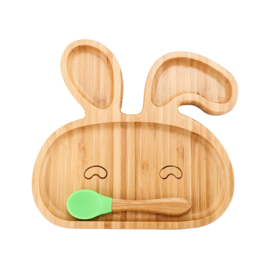 (Green Rabbit) Baby Bamboo Suction Plate Spoon Set Feeding Suction Plate