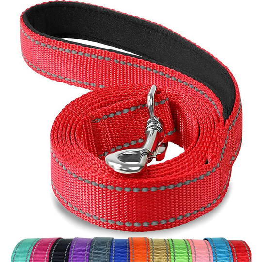 Robust reflective leash for dog, with padded handle, 1.2m x 2cm, red