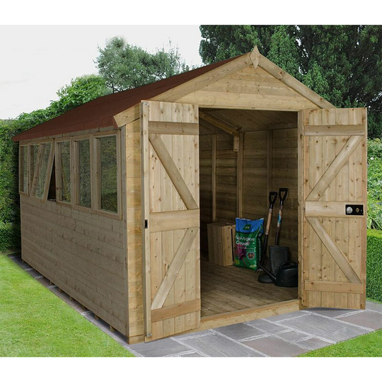 8x12ft Tongue & Groove Pressure Treated Wooden Apex Garden Shed - Double Door