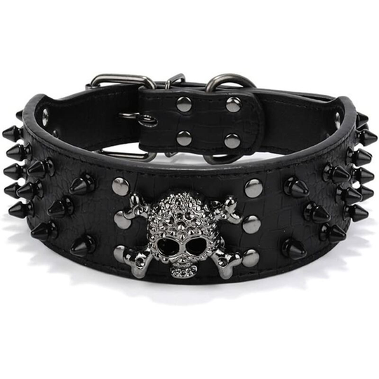 Leather 3 Row Bullet Rivets Studded Leather Skull Cool for Medium Large Dog Collar(M)-black