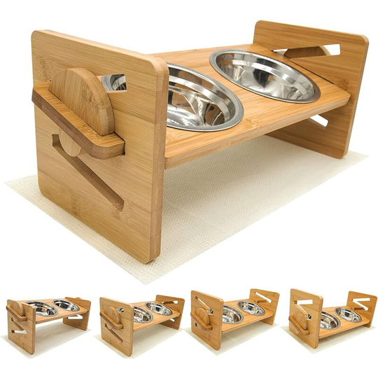 Raised Cat Bowl, Adjustable Tilted Cat Feeder, With 2 Stainless Steel Bowls and Non-Slip Mat