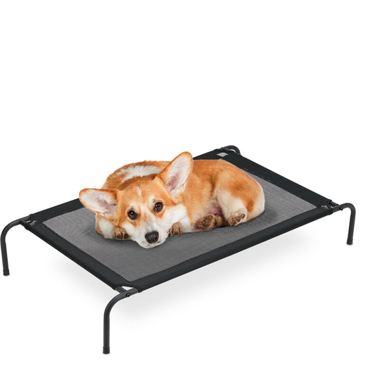 Relaxdays Dog Bed Outdoor, Raised Canine Lounger up to 35 KG, HxWxD: 19x111x65 cm, Puppy Cot Garden & Camping, Black