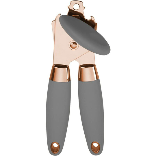 Deluxe Manual Rose Gold Quality Stainless Steel Can Opener with Durable Grey Anti Slip Handles and Large Knob with Built In Bottle Cap Opener (Rose