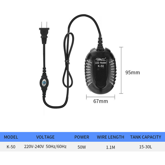 Small Heating Rod for Tropical Fish Tank Turtle Tank Heating Low Water Level Heater Rod Automatic Thermostat (50W)