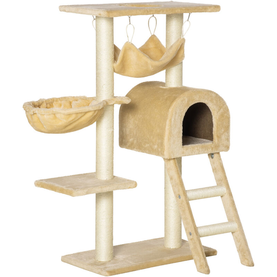 Cat Tree for Indoor Cats Scratching Post w/ Hammock House Bed Basket - Beige - Pawhut