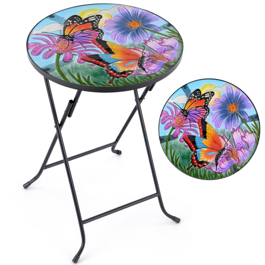 (Butterfly) Garden Table Round Glass Top Folding Outdoor Patio Decoration Christow