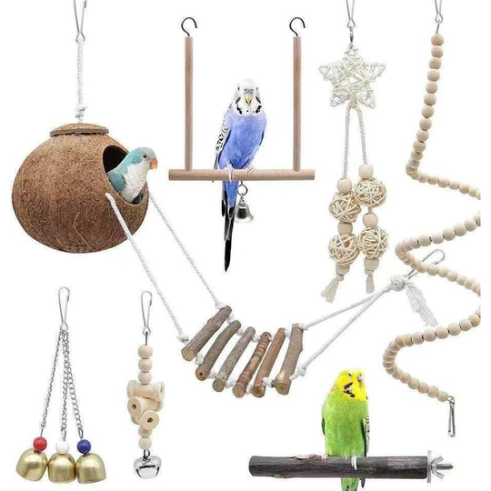 Natural bird nest, 7 pieces parrot bell swing chew toy