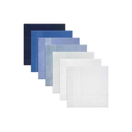 (Triple) 7 Pack Mens/Gentlemens Handkerchiefs Cotton Blue & White Satin Border Gift Boxed