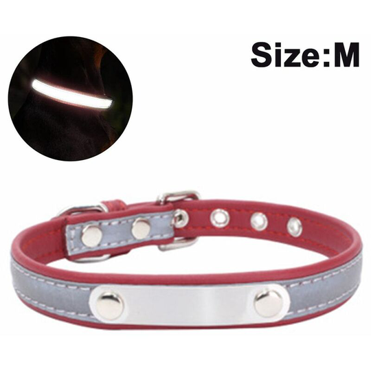 Dog collar with engraved name tag, customizable, soft leather, dog collar with individual identification tag, for small, medium and large dogs, red, M